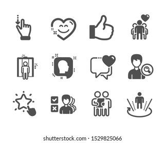 Set of People icons, such as Like, Touchscreen gesture, Heart, Head, Survey, Elevator, Search people, Augmented reality, Smile chat, Ranking star, Opinion, Friendship classic icons. Like icon. Vector