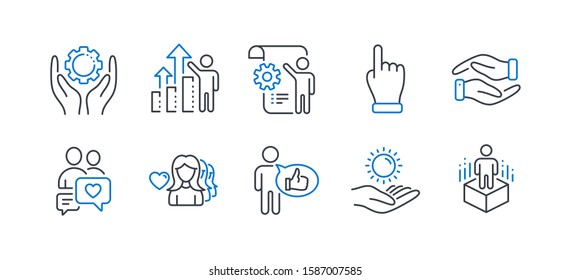 Set of People icons, such as Like, Employee results, Woman love, Helping hand, Sun protection, Dating chat, Employee hand, Settings blueprint, Augmented reality line icons. Thumbs up, Chart. Vector