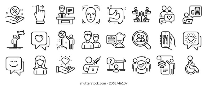 Set of People icons, such as Like, Dating chat, Vaccination appointment icons. Search employees, Chef, Exhibitors signs. Disabled, Leadership, Touchscreen gesture. Face detection, Woman. Vector