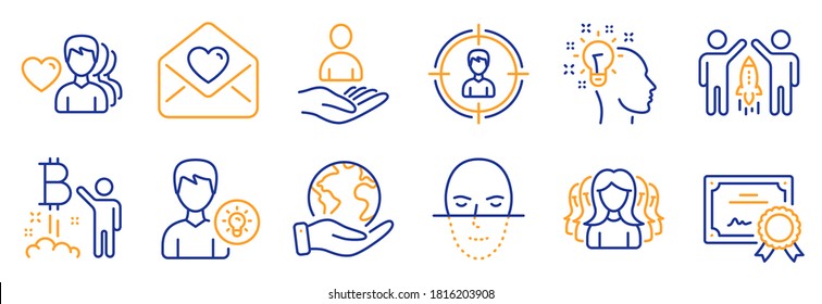 Set of People icons, such as Love letter, Bitcoin project. Certificate, save planet. Partnership, Idea, Man love. Headhunting, Women group, Person idea. Vector