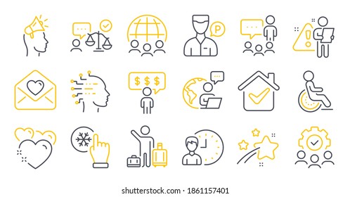 Set of People icons, such as Love letter, Valet servant, Brand ambassador symbols. Disability, Artificial intelligence, Global business signs. People chatting, Freezing click, Teamwork. Vector