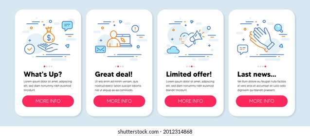 Set of People icons, such as Love message, Income money, Online education symbols. Mobile screen app banners. Clapping hands line icons. Heart, Savings, Internet lectures. Clap. Vector