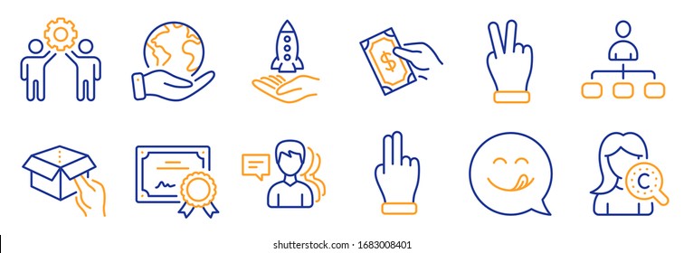 Set of People icons, such as Management, Hold box. Certificate, save planet. Yummy smile, Collagen skin, Click hand. Victory hand, People, Crowdfunding. Vector