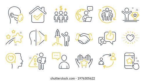 Set of People icons, such as Medical mask, Heart, Ranking symbols. User communication, Users chat, Winner cup signs. Like, Handshake, Star rating. Meeting, Romantic talk, Face id. Teamwork. Vector