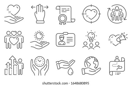 Set of People icons, such as Multitasking gesture, Heart target. Diploma, ideas, save planet. Identification card, Sun protection, Love couple. Wash hands, Safe time, Journey path. Vector