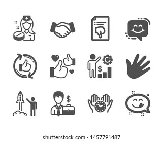 Set of People icons, such as Nurse, Launch project, Refresh like, Yummy smile, Like, Handshake, Smile chat, Businessman case, Thumb down, Employees wealth, Safe time, Hand classic icons. Vector