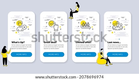 Set of People icons, such as Queue, Remove account, Checkbox icons. UI phone app screens with people. Engineering team line symbols. People waiting, Delete user, Confirmed. Architect person. Vector
