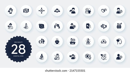 Set of People icons, such as Repairman, Search app and Smile face flat icons. Outsource work, People, Dont touch web elements. Clean shirt, Teamwork, Difficult stress signs. Circle buttons. Vector