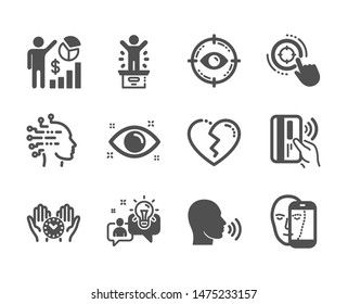Set of People icons, such as Safe time, Health eye, Idea, Human sing, Winner podium, Broken heart, Face biometrics, Eye target, Seo target, Artificial intelligence, Seo statistics. Vector
