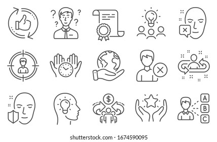 Set of People icons, such as Safe time, Sharing economy. Diploma, ideas, save planet. Ranking, Face protection, Support consultant. Remove account, Headhunting, Recruitment. Vector