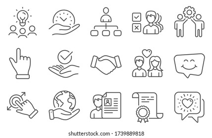Set of People icons, such as Safe time, Smile chat. Diploma, ideas, save planet. Click hand, Handshake, Couple love. Approved, Touchscreen gesture, Employees teamwork. Vector