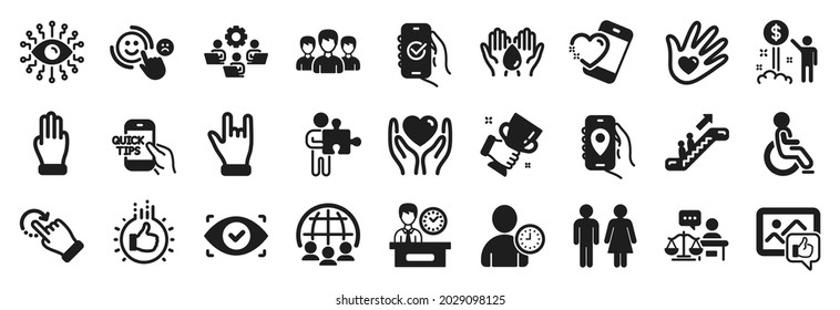 Set of People icons, such as Safe water, Disabled, Hold heart icons. Like hand, Income money, Court judge signs. Teamwork, Heart, Like photo. Presentation time, Group, Three fingers. Vector