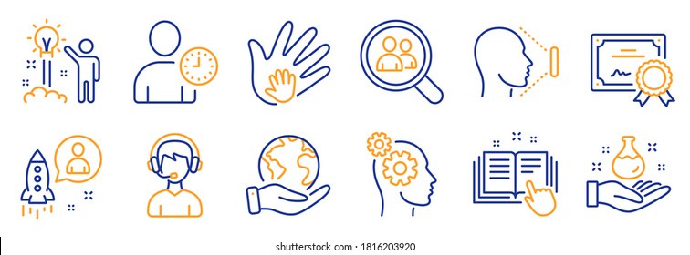 Set of People icons, such as Search employees, Creative idea. Certificate, save planet. Social responsibility, Chemistry lab, Time management. Thoughts, Startup, Technical documentation. Vector