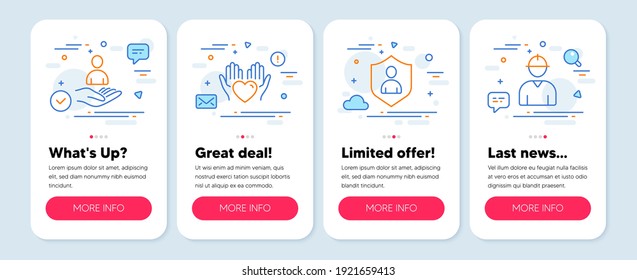 Set of People icons, such as Security, Recruitment, Hold heart symbols. Mobile screen mockup banners. Engineer line icons. Private protection, Hr, Care love. Worker profile. Security icons. Vector