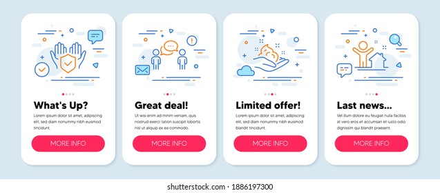 Set of People icons, such as Skin care, Insurance hand, Consulting business symbols. Mobile screen app banners. New house line icons. Hand cream, Full coverage, Team meeting. Buying home. Vector