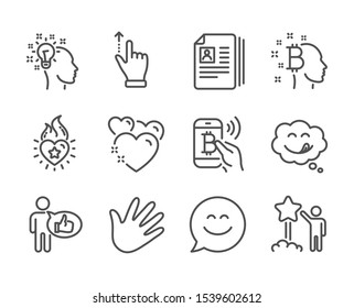 Set of People icons, such as Smile chat, Cv documents, Star, Yummy smile, Hand, Idea, Bitcoin think, Bitcoin pay, Touchscreen gesture, Like, Heart, Heart flame line icons. Smile chat icon. Vector