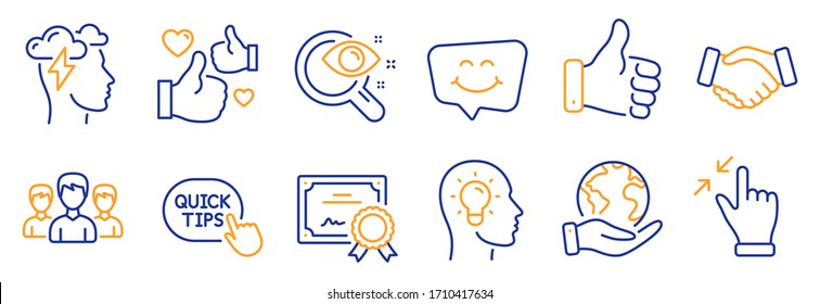 Set of People icons, such as Smile chat, Like hand. Certificate, save planet. Idea head, Quick tips, Touchscreen gesture. Group, Mindfulness stress, Vision test. Like, Handshake line icons. Vector