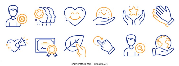 Set of People icons, such as Smile face, Employees teamwork. Certificate, save planet. Ranking, Support, Safe time. Search people, Rotation gesture, Love message. Vector