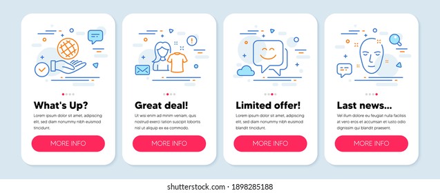 Set of People icons, such as Smile face, Clean shirt, Safe planet symbols. Mobile screen app banners. Health skin line icons. Chat, Laundry t-shirt, Ecology. Clean face. Smile face icons. Vector