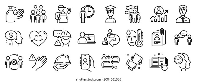 Set of People icons, such as Smile face, Online education, Interview documents icons. Delivery man, Dont touch, Fever signs. Career ladder, Leadership, Restaurant food. Consulting business. Vector