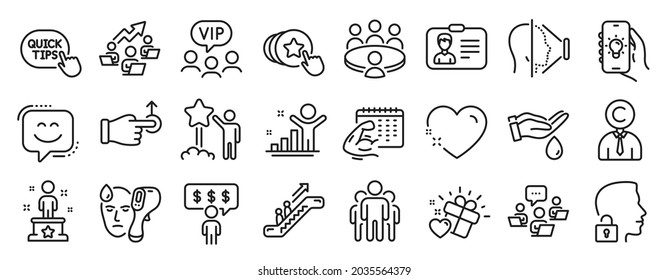Set of People icons, such as Smile face, Heart, Employee benefits icons. Electronic thermometer, Copyrighter, Wash hands signs. Escalator, Teamwork, Drag drop. Vip clients, Quick tips. Vector