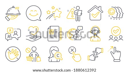 Set of People icons, such as Stop shopping, Click hands, Support chat symbols. Smile face, Cv documents, Consultant signs. Hold heart, Collagen skin, Touchscreen gesture. Do not touch. Vector