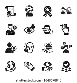 Conjunto de iconos de personas, como Soporte, Gesto de rotación. Certificado, grupo aprobado, salvar planeta. Búsqueda facial, Mensajes de conversación, Educación. Ojos, Seguridad, Valet. Vector