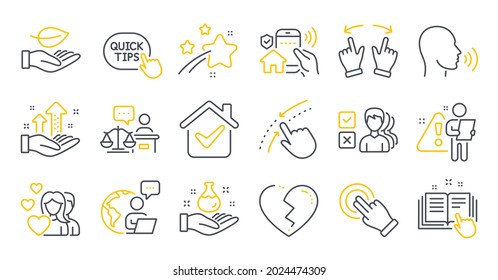 Set of People icons, such as Swipe up, Technical documentation, Quick tips symbols. Chemistry lab, Analysis graph, Leaf signs. House security, Court judge, Broken heart. Human sing, Couple. Vector