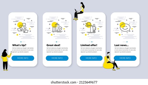 Set of People icons, such as Teamwork, Leadership, Apartment insurance icons. UI phone app screens with people. Smile chat line symbols. Remote work, Winner flag, Flat coverage. Happy emoticon. Vector
