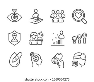Set of People icons, such as Thoughts, Eye drops, Capsule pill, Eye laser, Augmented reality, Customer satisfaction, Stats, Security agency, Recruitment, Group, Search love, Cleaning. Vector