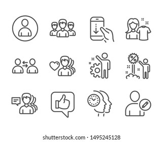 Set Of People Icons, Such As Time Management, Group, People, Man Love, Scroll Down, Edit User, Employee, Communication, Like, Discount, Clean Shirt, Avatar Line Icons. Time Management Icon. Vector