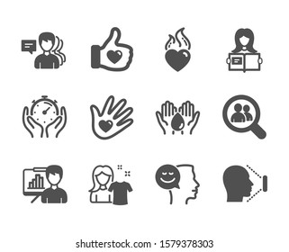 Set of People icons, such as Timer, Social responsibility, Heart flame, Good mood, Like hand, Woman read, Clean shirt, People, Presentation board, Face id, Search employees, Wash hands. Vector