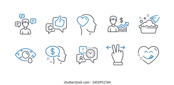 Set of People icons, such as Touchscreen gesture, Hand washing, Like, Time management, Pay, Conversation messages, Business growth, Friend, Ð¡onjunctivitis eye, Yummy smile line icons. Vector
