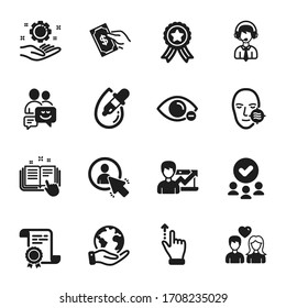 Set of People icons, such as User, Communication. Certificate, approved group, save planet. Eye drops, Shipping support, Touchscreen gesture. Myopia, Employee hand, Problem skin. Vector