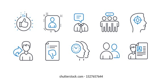 Set of People icons, such as Users, Recruitment, Time management, Thumb down, Share, Support service, Like hand, Employees group, Developers chat, Job interview line icons. Line users icon. Vector