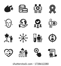 Set of People icons, such as Vacancy, Employees teamwork. Certificate, approved group, save planet. Health skin, Blood donation, Networking. Employee results, Reject click, Medical analyzes. Vector