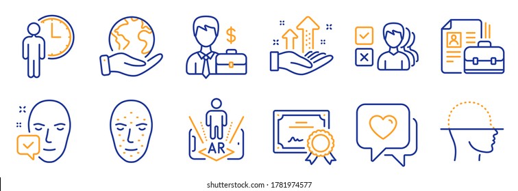 Set of People icons, such as Waiting, Face biometrics. Certificate, save planet. Augmented reality, Analysis graph, Vacancy. Face accepted, Businessman case, Heart. Opinion line icons. Vector