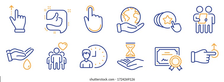 Set of People icons, such as Wash hands, Time hourglass. Certificate, save planet. Survey, Touchscreen gesture, Drag drop. Working hours, Like, Hand click. Friendship, Hold heart line icons. Vector