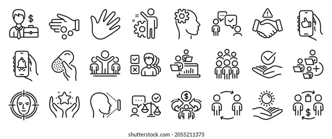 Set of People icons, such as Workflow, Dont handshake, Businessman case icons. Approved, Winner, Face id signs. Group people, Capsule pill, Employee. Buying process, Donation money, Hand. Vector