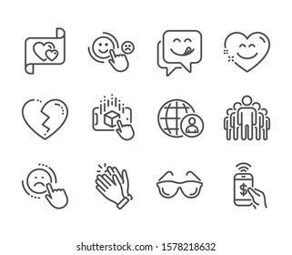 Set of People icons, such as Yummy smile, Clapping hands, Phone payment, Group, Broken heart, Dislike, Augmented reality, Smile chat, Love letter, International recruitment, Eyeglasses. Vector