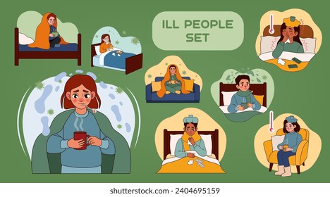 Set of people ill with flu on green background