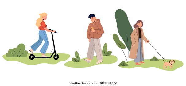 Set with people illustration isolated on white background. Teenagers walks with a dog, rides a scooter, walks in the park.