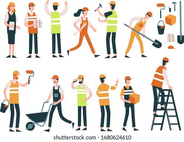 set of people ingeneer, builders men women vector flat team work white backgroud