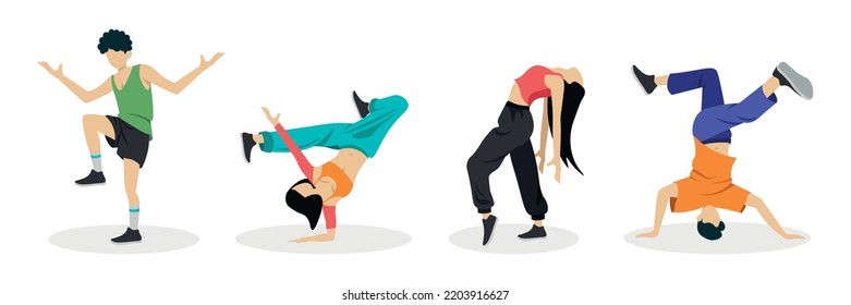 Conjunto de personas involucradas en la danza moderna al estilo de las caricaturas. Ilustración vectorial de niñas y hombres que bailan al estilo del hip-hop, jazz moderno, break dance, casa con fondo blanco.