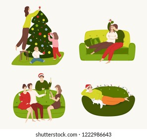 A set of people involved in preparing for the winter holidays and resting at home. Families decorate a Christmas tree, a couple kiss under mistletoe, friends celebrate holidays.