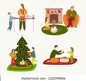 A set of people involved in preparing for the winter holidays and resting at home. Families cooking Christmas cake, read Christmas stories by the fireplace, children open presents.