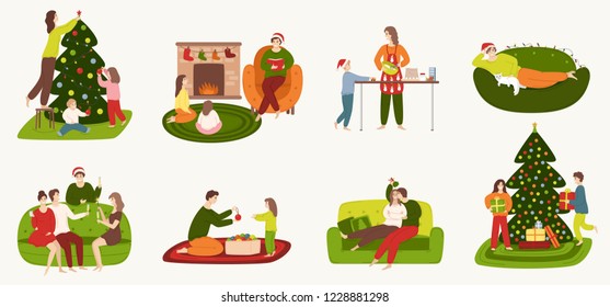 A set of people involved in preparing for the winter holidays and resting at home. Families decorate a Christmas tree, cooking Christmas cake, read Christmas stories by the fireplace, a couple kiss.