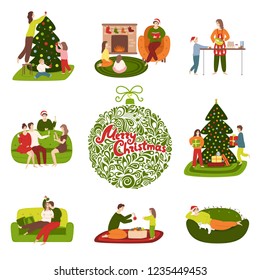 A set of people involved in preparing for the winter holidays and resting at home. Families decorate a Christmas tree, cooking Christmas cake, a couple kiss under mistletoe, children open presents.