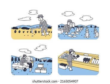 A set of people involved in the production of agricultural products, a comical handwritten person vector, a warm line drawing
