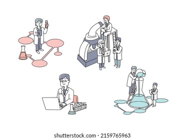 Un conjunto de personas involucradas en la investigación y el desarrollo como medicamentos y cosméticos. Cómico vector de persona manuscrita, dibujo de línea caliente.